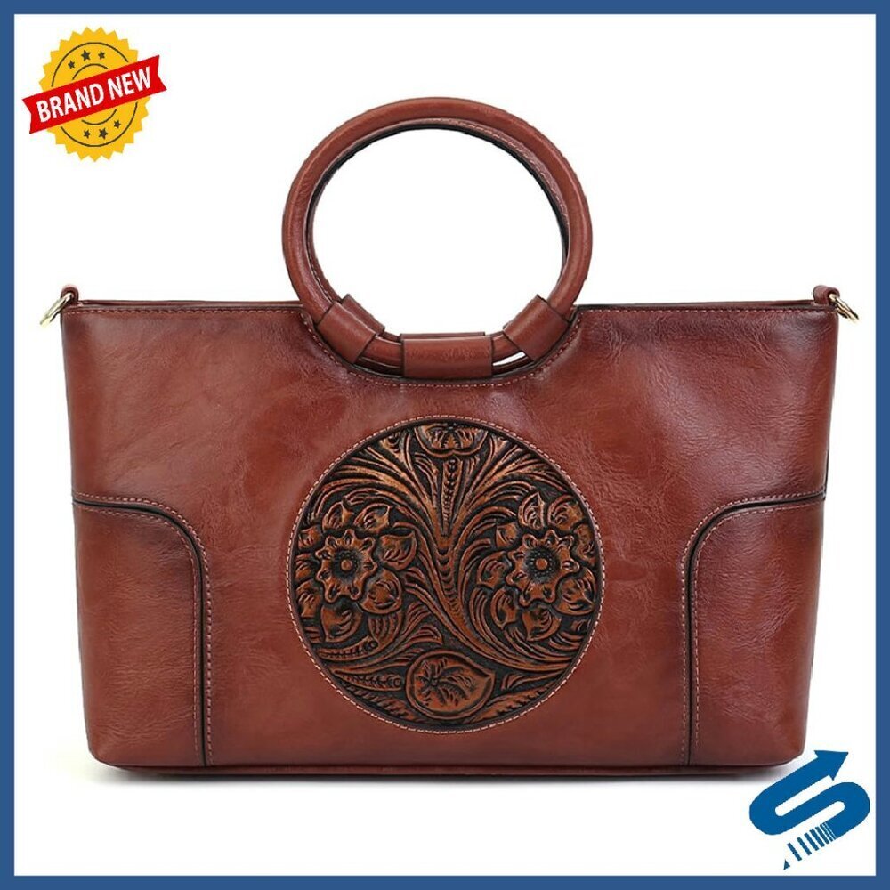 Vintage Leather Satchel Tote Bag with Detachable Strap Mandala Embossed
